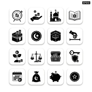 Collection of Islamic finance and business icons, including charity, investment, and religious symbols.