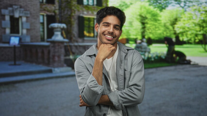 Obraz premium Man smiling with hand near chin and crossed arm, wearing white tee and gray overshirt, posed in front of building courtyard with fountain and trees; happiness.
