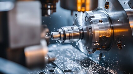 Industrial machine part in action with metal shavings flying