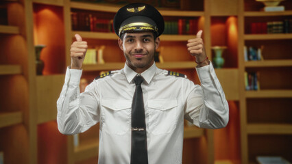 Man pilot in uniform and cap points both index fingers up while smiling, tie and epaulettes visible, bookshelves behind him in a studio  pride duty. © Krakenimages.com