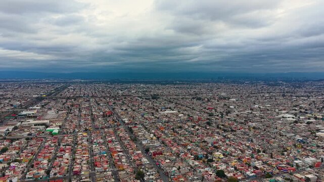 High-angle view of Ecatepec&rsquo;s crowded neighborhoods in cloudy weather