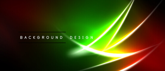 Obraz premium Vibrant abstract background features glowing lines, gradients. Green, red, yellow hues create dynamic visual effect. Text reads background design.