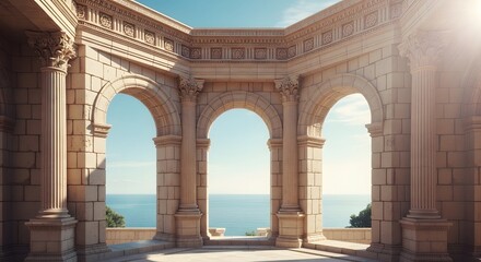 Obraz premium Ancient stone archway overlooking serene ocean view