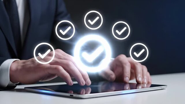 Business professional at a tablet with multiple glowing checkmark icons floating above. Task completion, quality compliance, digital approval, and process verification .