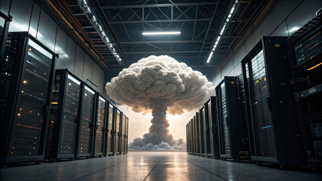Realistic Tsar Bomba cloud as icon representing computing power in warehouse concept. Dramatic explosion in a server room with technology ambiance.