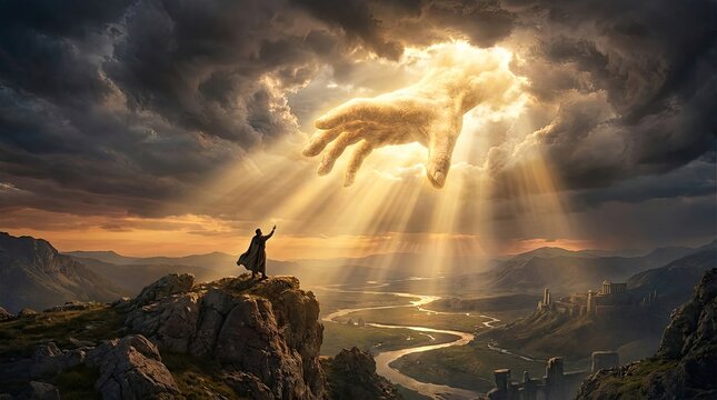 Small man sees God's hand in clouds seeking salvation from death concept. Dramatic scene of a giant hand emerging from stormy clouds.