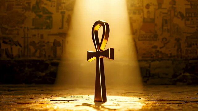 Golden Ankh Cross Standing Upright On Ancient Stone Floor With Strong Beam Of Light Shining Down From Above