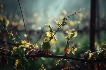 Fototapeta premium Vine new growth budding in spring vineyard morning light