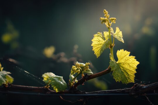 Grapevine shoots growing in spring sunlight