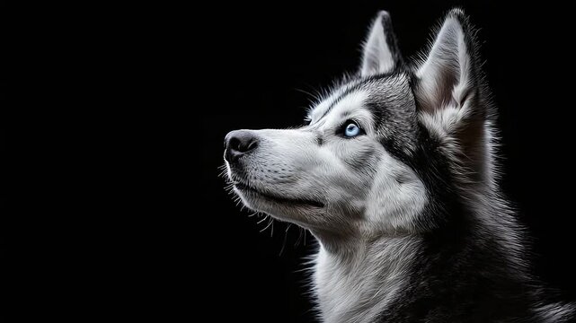 Dynamic video showcasing a Siberian Husky in profile against a black background. The camera performs a slow pan, highlighting the dog's features in soft lighting.