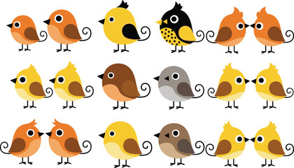 Obraz premium Cute Cartoon Birds Collection Vector Illustration Set with Colorful Small Songbirds