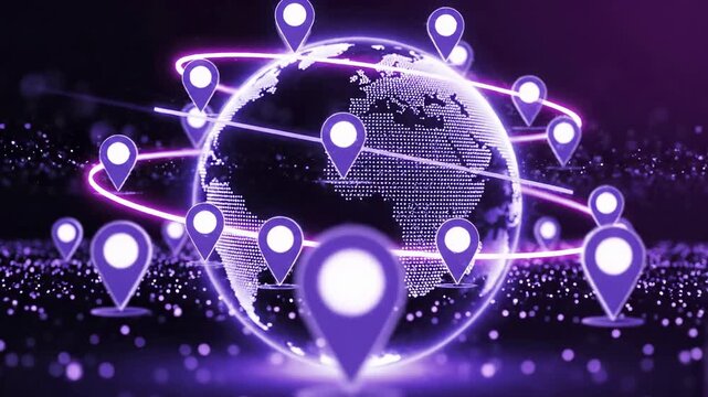 Digital glowing globe surrounded by multiple location pin markers connected by orbital paths. Global navigation, worldwide logistics network, and international tracking .