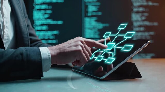 Business professional touches a tablet, triggering a glowing holographic flowchart diagram above the screen. Digital workflow, process mapping, software architecture, and strategy .