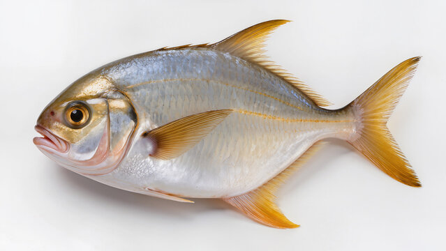 Yellowtail amberjack isolated on white background with vivid fins and scales. Suitable for packaging, online store, seafood article, web banner.