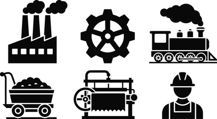 Industrial manufacturing icons set, factory building, gear wheel, steam locomotive, mining cart, worker helmet vector illustration © Mst