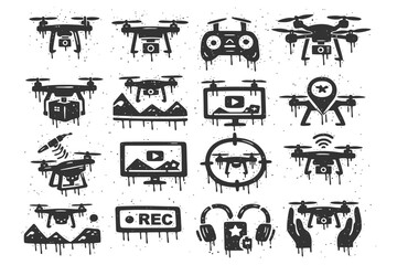 Obraz premium Drone technology icons set with remote, camera, and gps elements in grunge style.