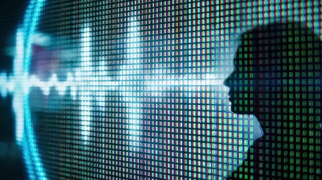 Human silhouette profile against a large led pixel display screen. Artificial intelligence and digital technology, identity meets the virtual world of data and machine learning.