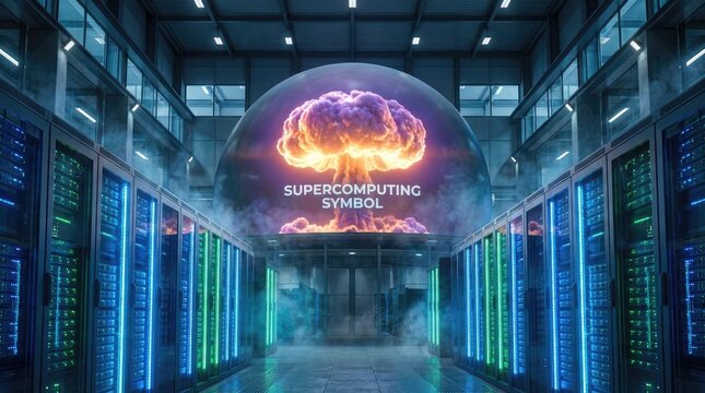 Realistic Tsar Bomba cloud as icon representing computing power in warehouse concept. Futuristic data center with supercomputing and digital content.