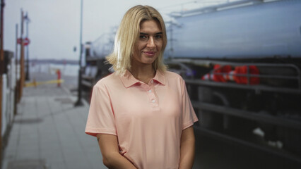 Obraz premium Woman smiling with hands clasped in front, wearing a pink polo beside a tanker truck on a street with dock railing and pavement visible; serenity.