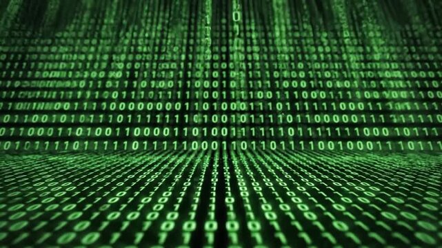 Abstract digital stream of green binary code flowing in a futuristic cyberspace environment with depth of field effect and glowing particles.
