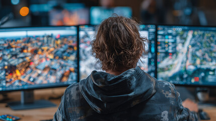 複数モニターでデータを監視するオペレーター｜サイバーセキュリティの分析シーン