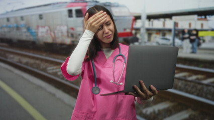 Young hispanic nurse in pink scrubs holding laptop with hand on forehead on street near train platform and graffiti, stethoscope visible; stress fatigue.