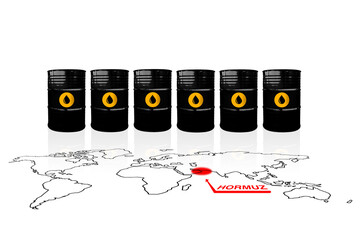 Crude oil barrels on a world map with soft reflection. Tanker traffic in the Strait of Hormuz