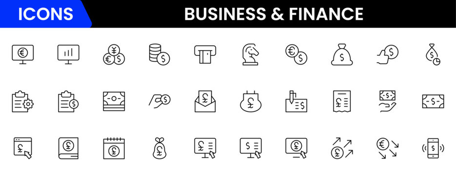 Business and Finance line icons collection. Big UI icon set in a flat design. Thin outline icons pack. Vector illustration