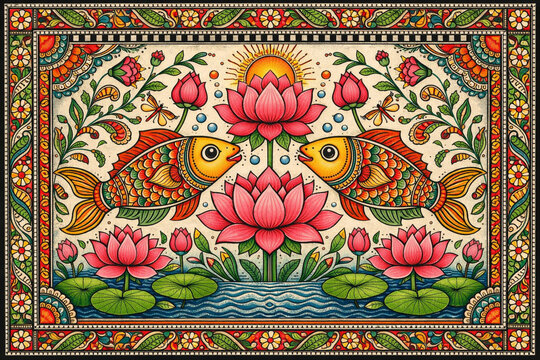 Detailed Mithila Madhubani painting of sacred lotuses and symmetrical fish, symbol of prosperity and purity, ornamental border, hand-drawn Indian folk art