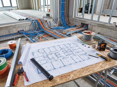 Detailed blueprint planning and advanced electrical wiring installation on a modern construction site, laying the foundation for future infrastructure