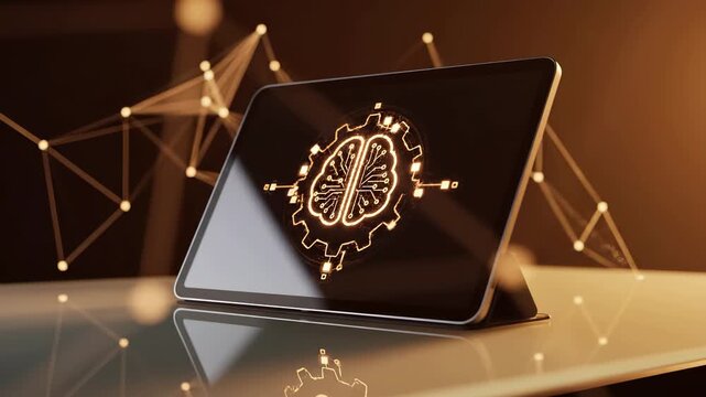 Tablet on a stand with a glowing brain gear circuit on screen, surrounded by a connected node network. Artificial intelligence, machine learning, and cognitive computing technology .