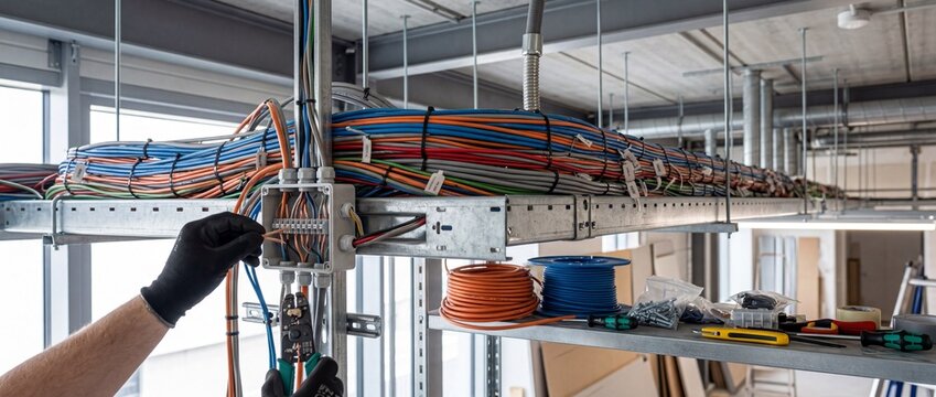 Expert hands meticulously connecting and organizing high-speed network cables within a sophisticated infrastructure system in a modern commercial space