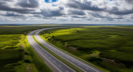 Fototapeta premium Scenic highway through vast green landscape under dramatic sky