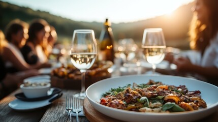 A captivating outdoor setting featuring a beautifully arranged dining table with multi-course meals, capturing the warmth and joy of shared moments at sunset.