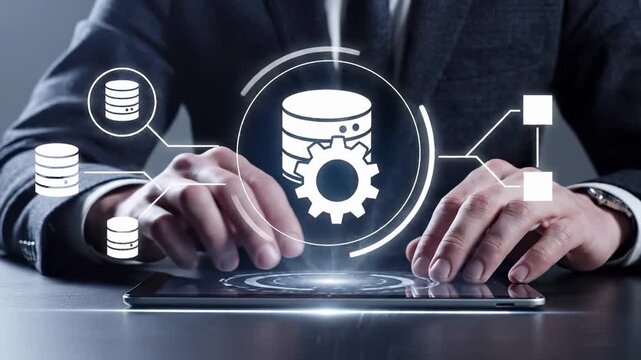 Business professional at a tablet with floating holographic database and gear icons, alongside a hierarchy diagram. Management, server configuration, and it infrastructure .