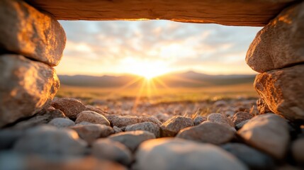 This stunning image captures a golden sunrise viewed through a stone frame, symbolizing nature's beauty and the promise of a new day dawning.
