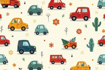 Fototapeta premium Adorable hand-drawn vehicles seamless pattern Perfect for kids' fabric & wallpaper , illustration, retro, doodle