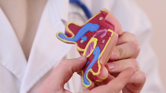 The doctor demonstrates the male genitourinary system, an anatomical model. Erection problems