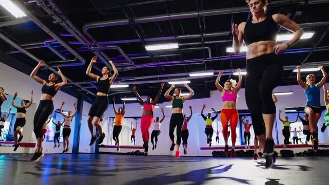 neon lit high intensity interval training, instructor motivating energetic crowd, colorful ceiling lights, rapid dynamic moves, full body plyometric drills, sweat driven studio atmosphere, powerful