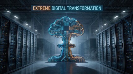 Obraz premium Realistic Tsar Bomba cloud as icon representing computing power in warehouse concept. Visual representation of digital transformation in technology.