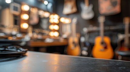 Obraz premium Musician's dressing room filled with instruments, warm tungsten lighting, and a low depth of field creating an inviting atmosphere for creativity and inspiration