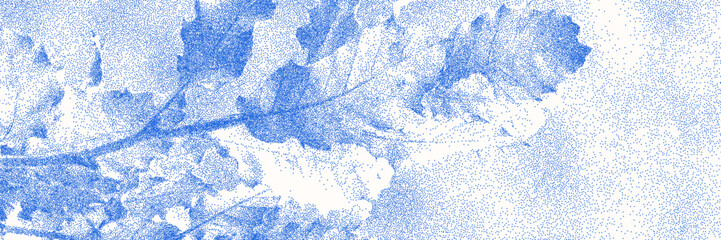 Naklejka premium Blue cyanotype oak branch botanical background. Stipple dot overlay texture with leaves and twig silhouette. Delicate indigo blue nature banner for template and graphic design project.