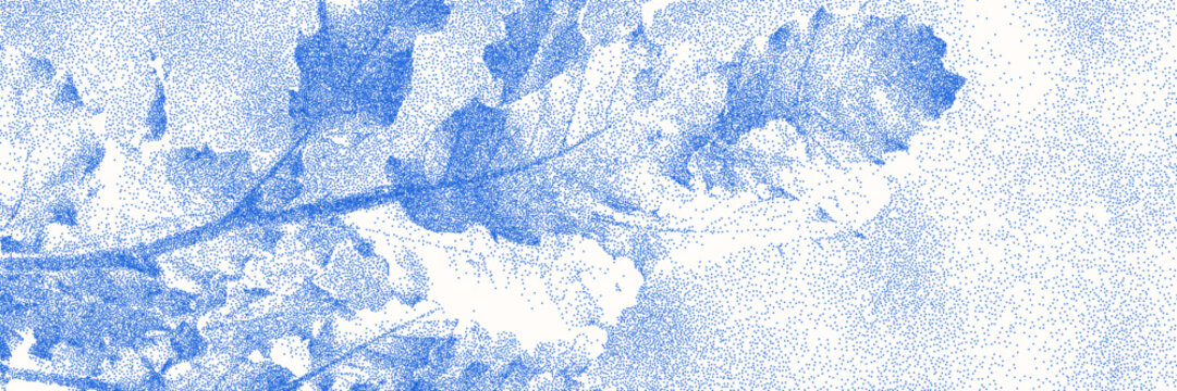 Blue cyanotype oak branch botanical background. Stipple dot overlay texture with leaves and twig silhouette. Delicate indigo blue nature banner for template and graphic design project.