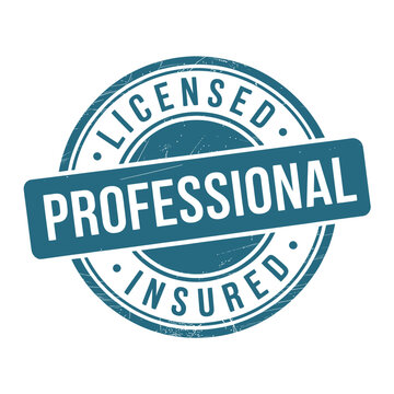 A circular teal licensed and insured badge with professional text overlay