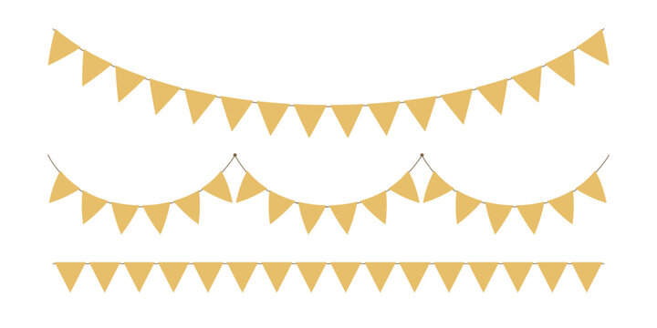 Golden triangle party bunting border. Gold festive flag garland. Birthday party bunting. Yellow flag ribbon chain. Carnival banner. Design element. Vector illustration isolated on white background.