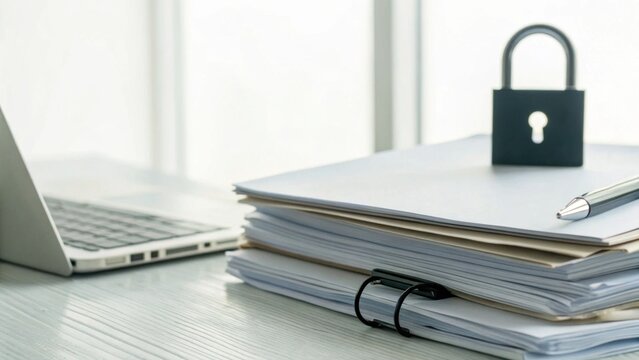 A laptop beside a stack of documents secured with a padlock, symbolizing data protection and office security.