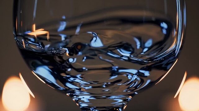 macro glass swirl with candlelight reflections, closeup of droplet wobble and ripple inside crystal bowl, warm amber highlights and cool blue refractions, elegant stemware detail for beverage