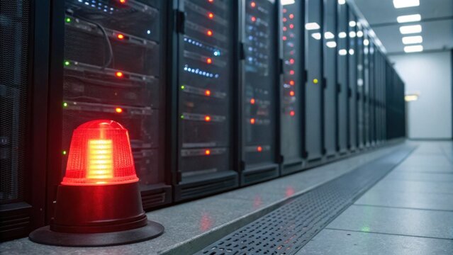 A red warning light is flashing on the floor in a data center aisle lined with server racks displaying illuminated status LEDs.