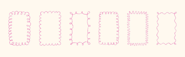 Crayon doodle scalloped frames. Chalk wavy hand drawn borders. Pink cute rectangle photo frames with crayon texture. Wavy sketch line mirror borders. Vector illustration isolated on light background.