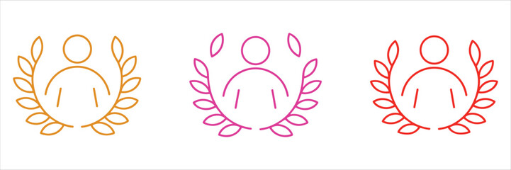 Three laurel wreath icons with human figures in gold pink and red on white award achievement © MdAbdur